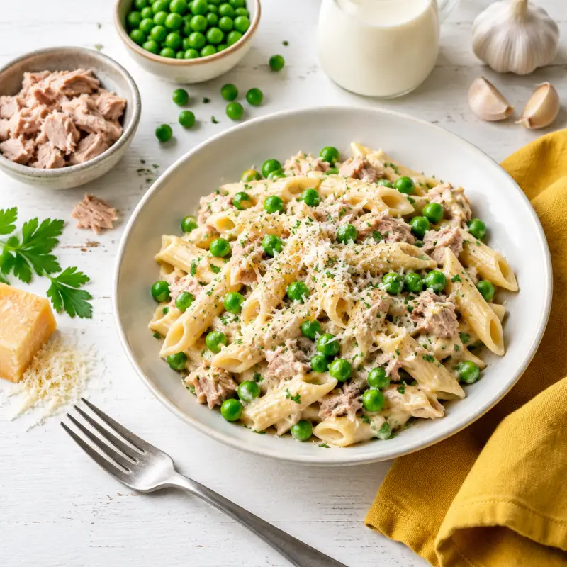 Creamy Garlic-Parmesan Tuna Pasta & Peas, plated