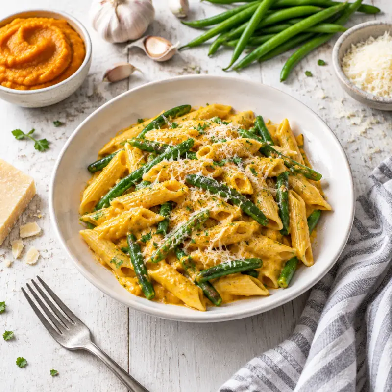 Creamy Herbed Pumpkin Pasta with Garlic Green Beans, plated