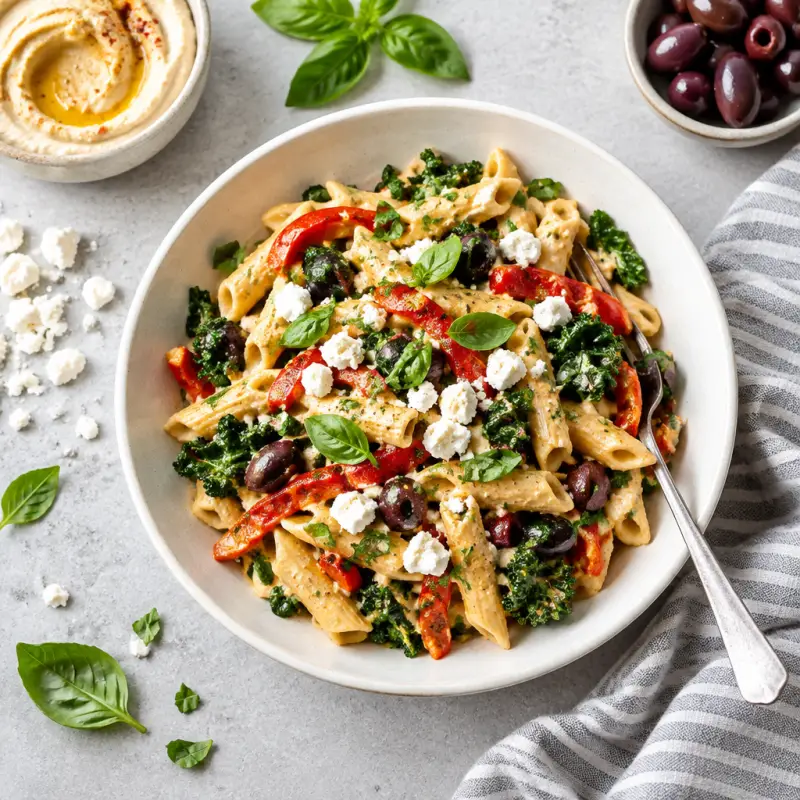 Creamy Hummus Pasta with Kale, Roasted Peppers, Olives & Feta, plated