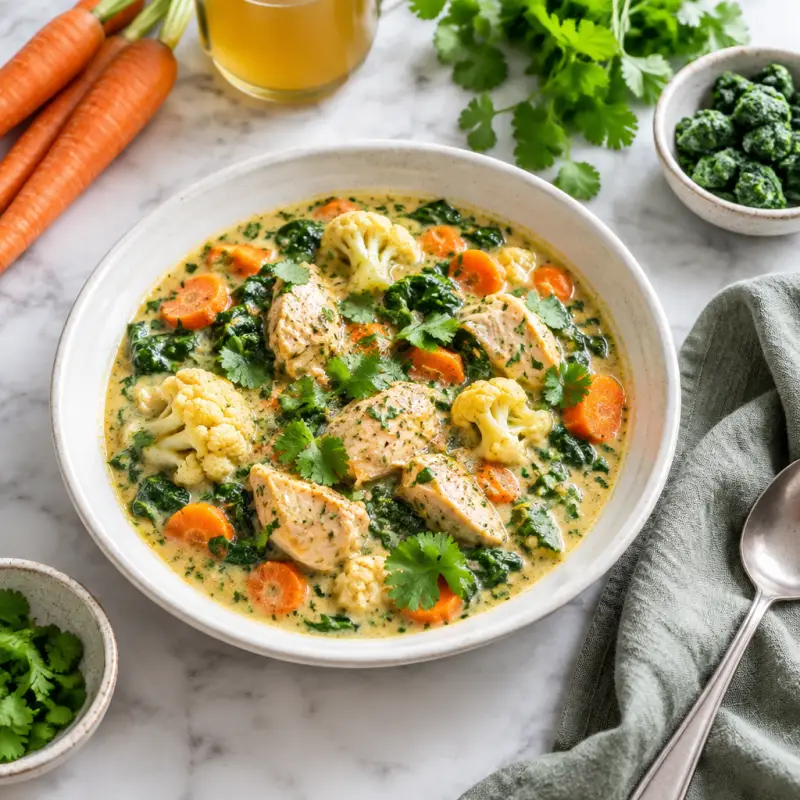 Creamy Indian Chicken Stew with Spinach, Cauliflower & Cilantro, plated