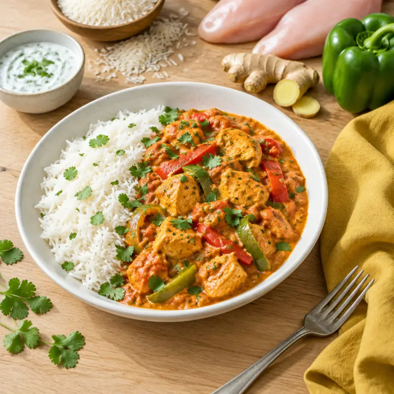 Creamy Indian-Style Tomato Chicken Curry with Bell Peppers & Rice, plated