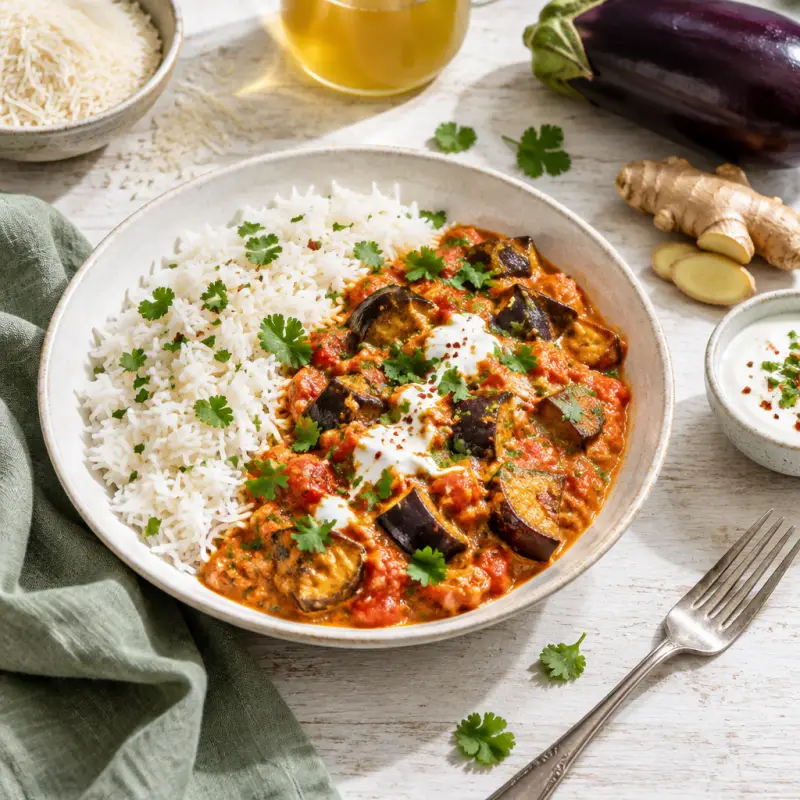 Creamy Indian Tomato-Eggplant Curry with Basmati Rice & Yogurt, plated
