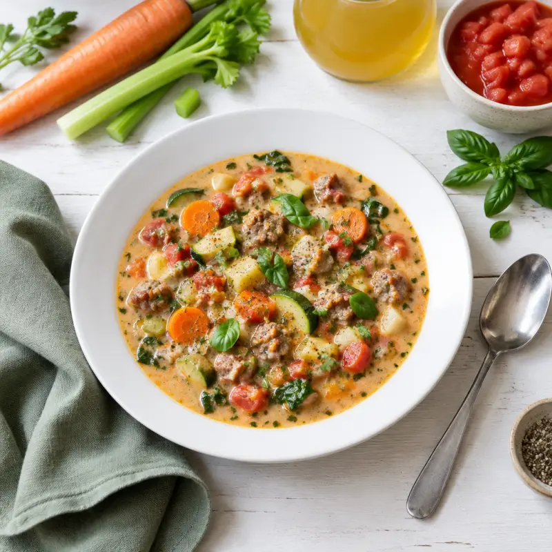 Creamy Italian-Style Sausage & Mixed Vegetable Soup with Basil, plated