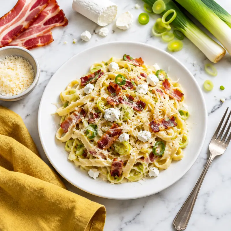 Creamy Leek & Bacon Pasta with Goat Cheese, plated