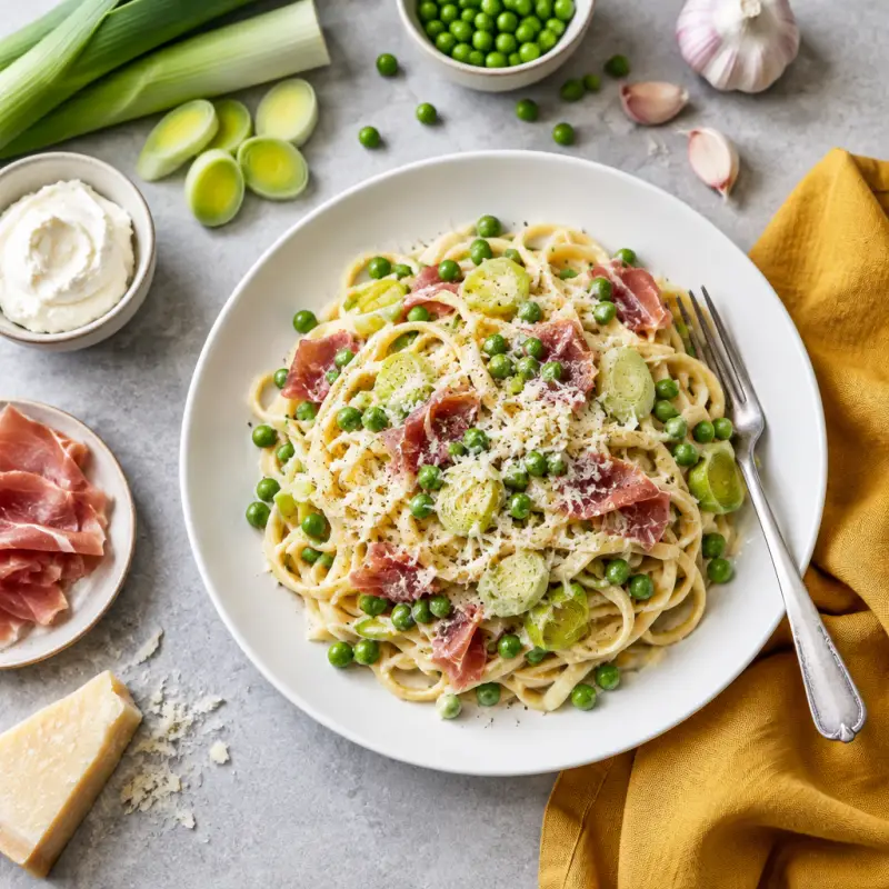 Creamy Leek, Prosciutto & Pea Linguine with Parmesan, plated