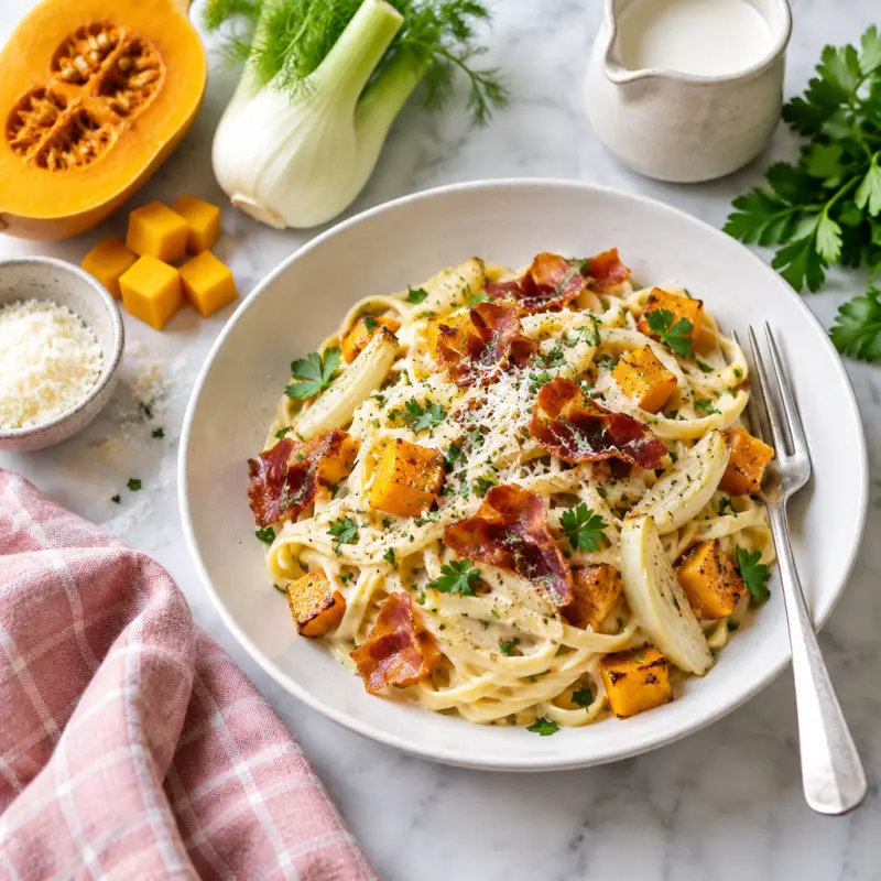 Creamy Linguine with Crispy Prosciutto, Squash, Fennel & Parmesan, plated