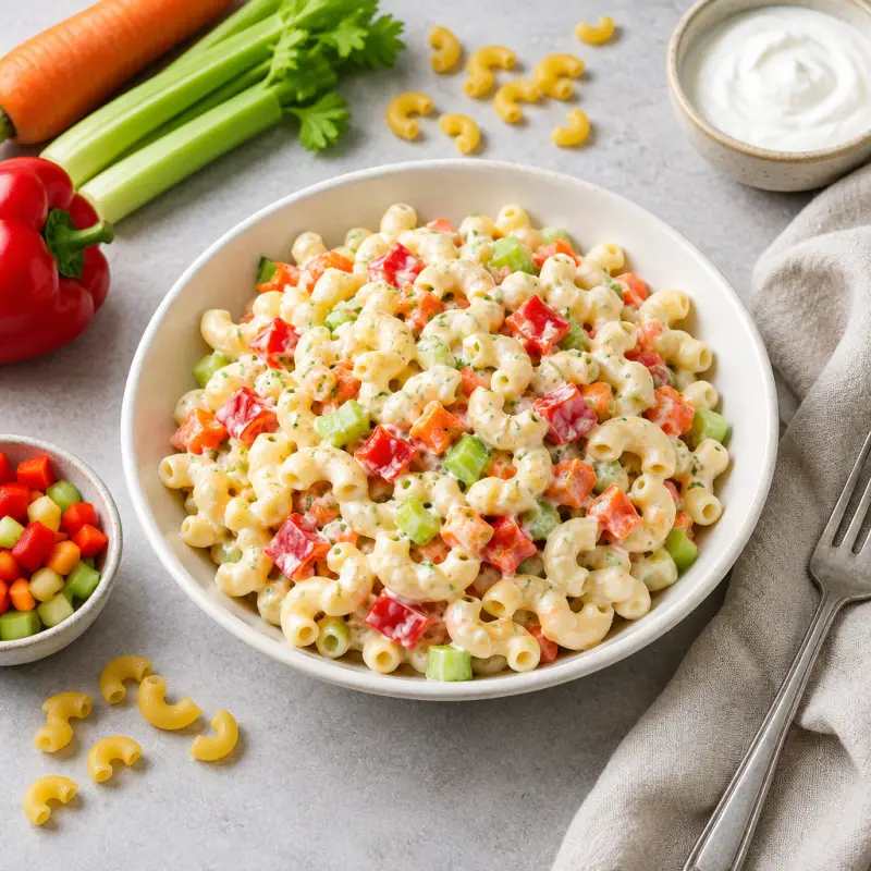 Creamy Macaroni Salad with Bell Pepper, Carrot & Celery, plated