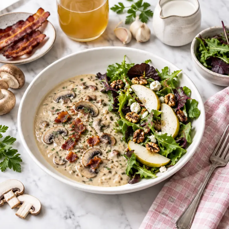 Creamy Mushroom Bacon Soup with Pear & Mixed Greens Salad, plated