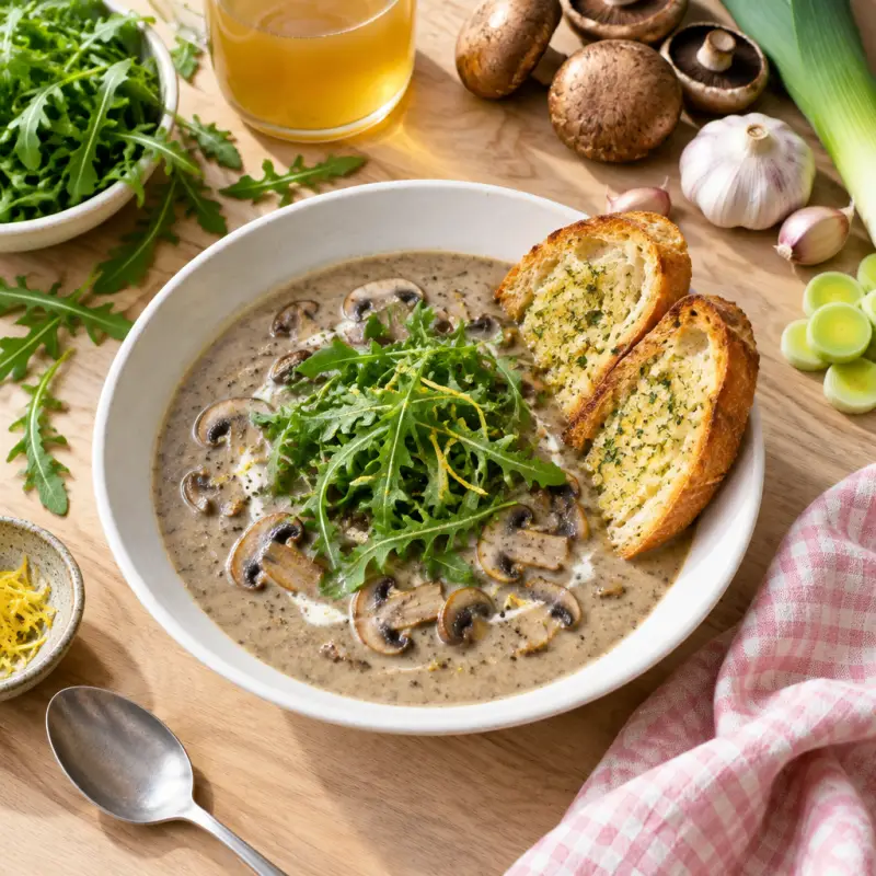 Creamy Portobello Mushroom Soup with Lemony Arugula & Garlic Bread, plated