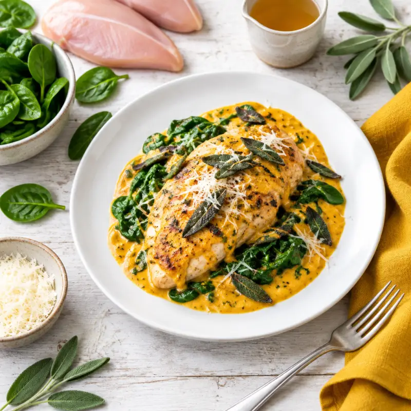 Creamy Pumpkin-Parmesan Chicken with Spinach & Crispy Sage, plated