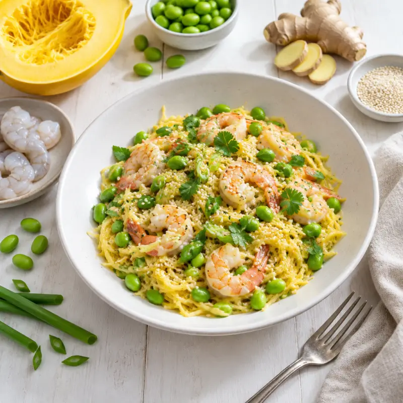 Creamy Sesame-Ginger Spaghetti Squash with Shrimp & Edamame, plated