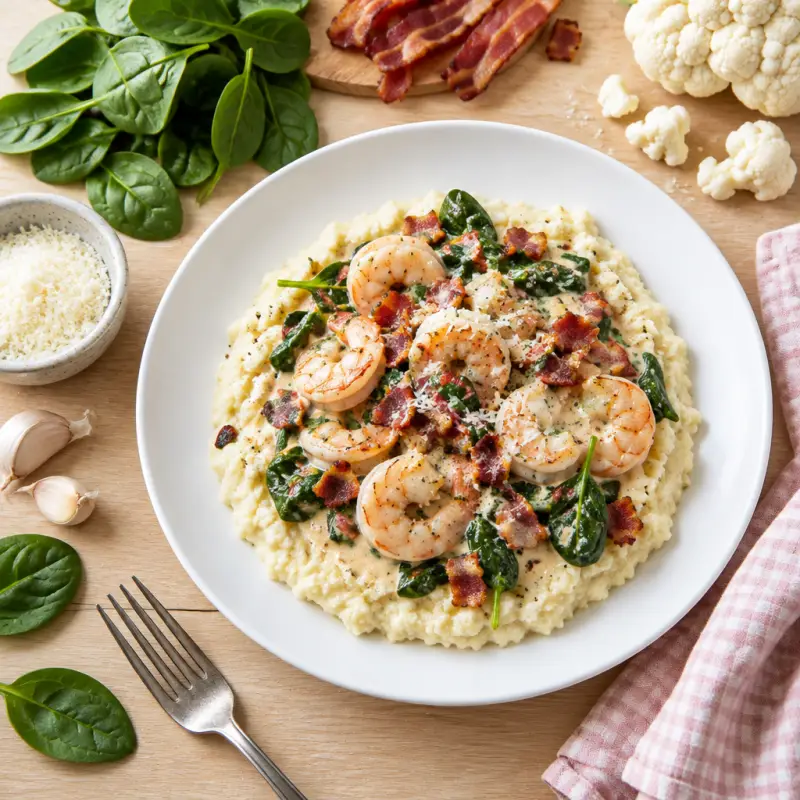 Creamy Shrimp, Spinach & Bacon over Parmesan Cauliflower "Grits", plated