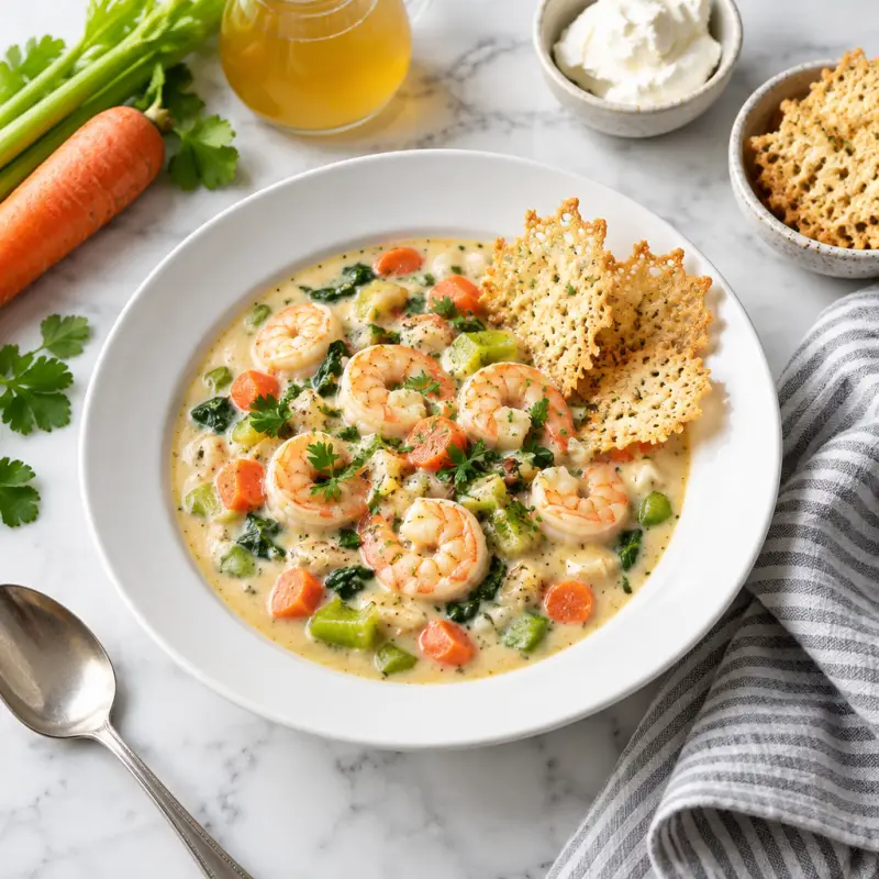 Creamy Shrimp & Veggie Soup with Parmesan Crisps, plated