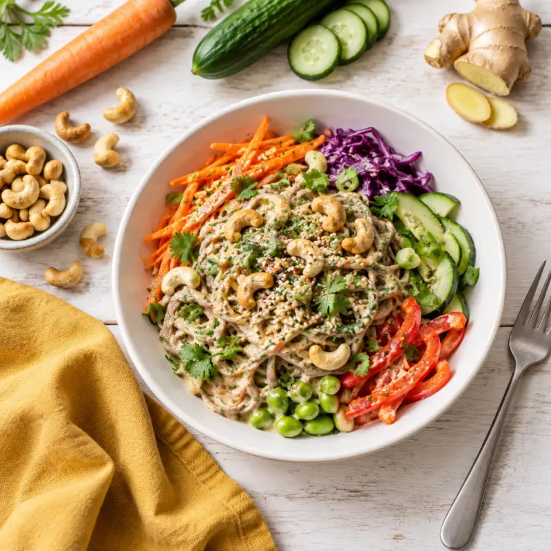 Creamy Soba Noodle Bowl with Rainbow Veggies, plated