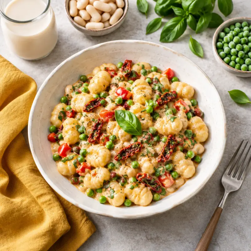 Creamy Sun-Dried Tomato Gnocchi with White Beans, Pepper, Peas & Basil, plated