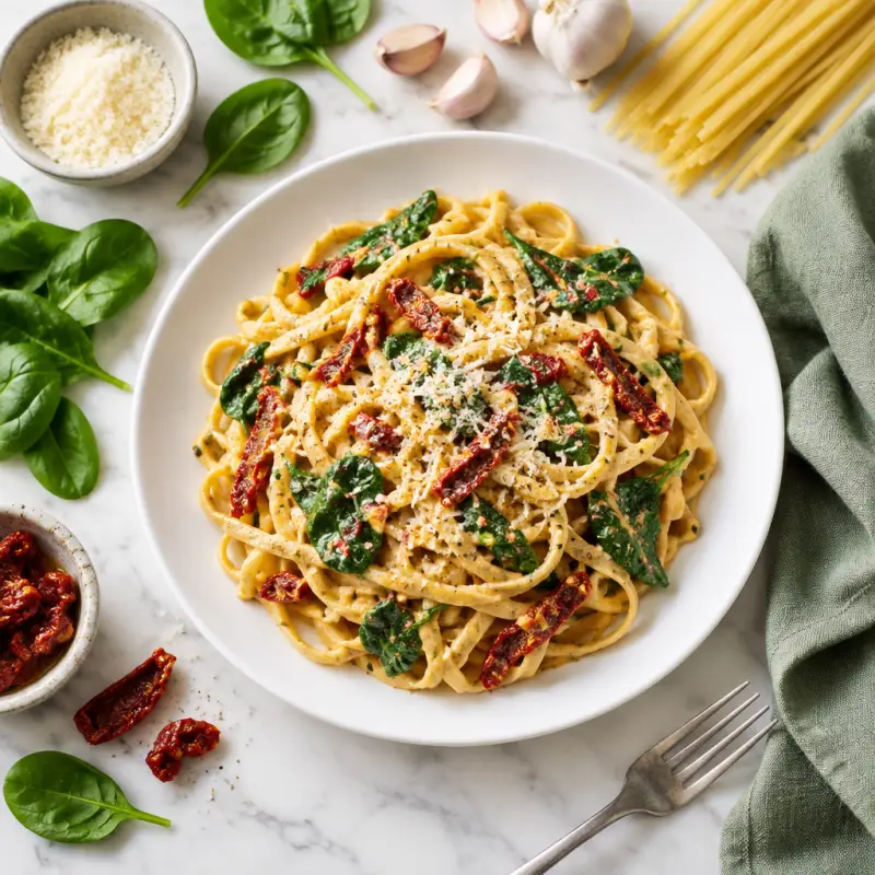 Creamy Sundried Tomato & Spinach Linguine Pasta, plated