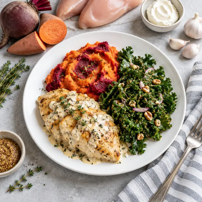 Creamy Thyme Chicken with Sweet Potato-Beet Mash & Dijon Kale Salad, plated