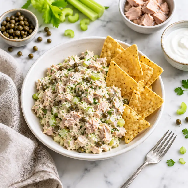 Creamy Tuna Salad with Tortilla Chips, plated