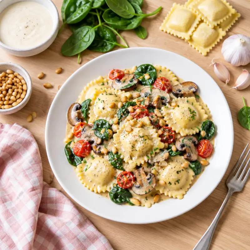 Creamy Tuscan Ravioli with Mushrooms, Tomatoes, Spinach & Pine Nuts, plated