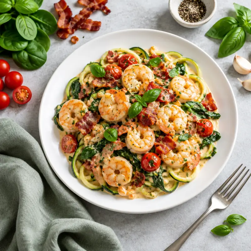 Creamy Tuscan Shrimp with Bacon, Tomatoes, Spinach & Zucchini Noodles, plated