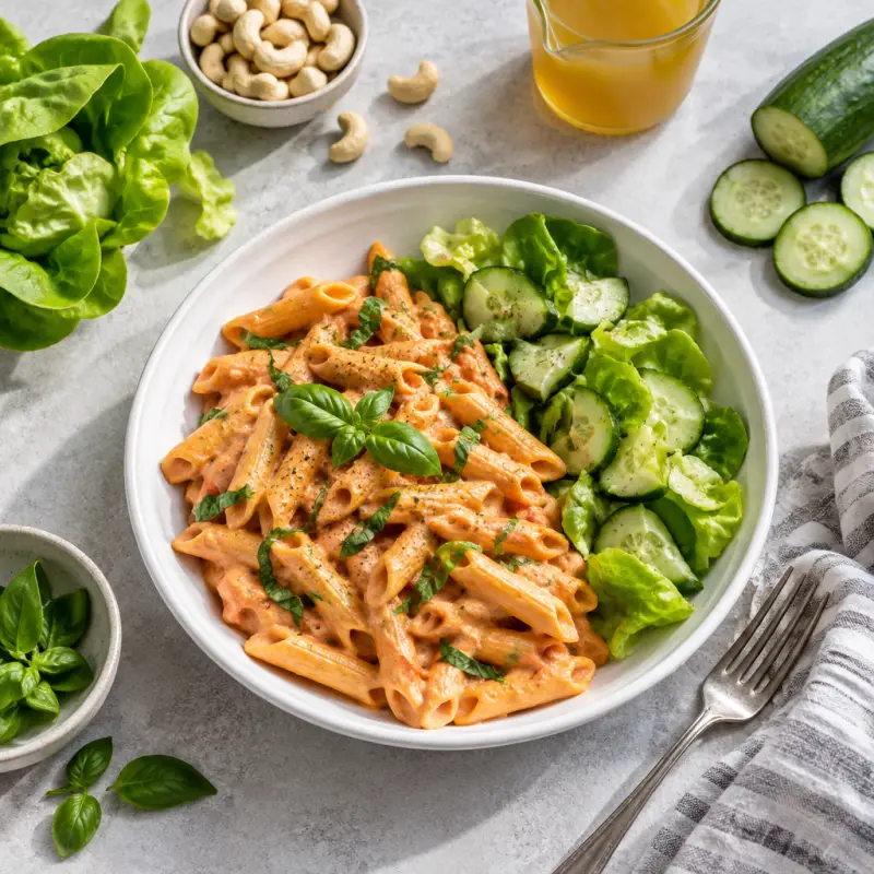 Creamy Vegan Cashew "Parma Rosa" Penne with Fresh Basil & Side Salad, plated