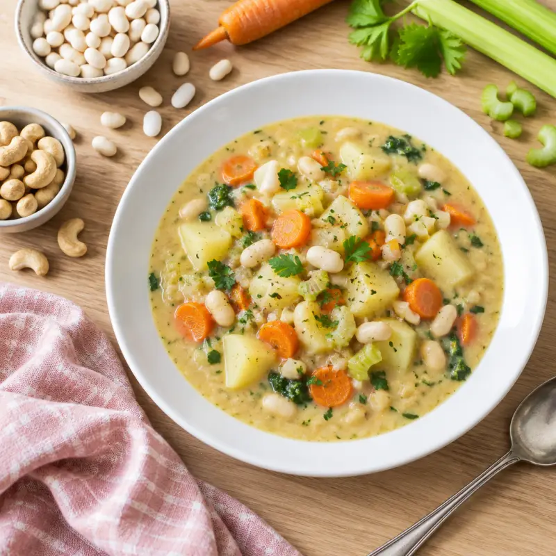 Creamy Vegan Cashew, Potato & White Bean Soup with Mixed Vegetables, plated