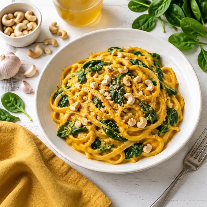 Creamy Vegan Cashew Pumpkin "Alfredo" Linguine with Baby Spinach, plated