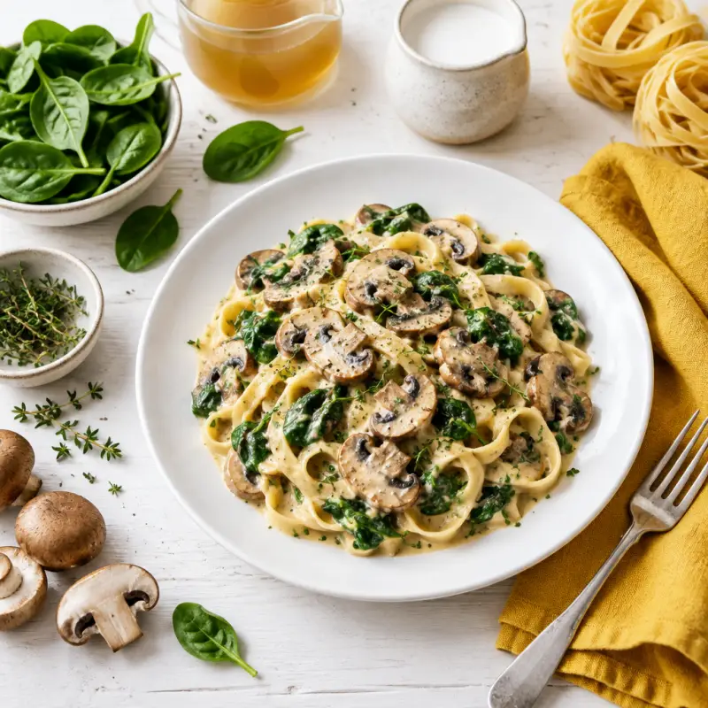 Creamy Vegan Mushroom Stroganoff with Thyme & Baby Spinach, plated