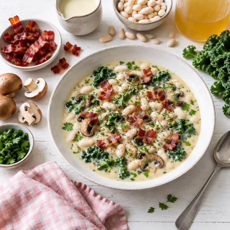 Creamy White Bean "Alfredo" Soup with Bacon, Mushrooms, Kale & Parsley, plated