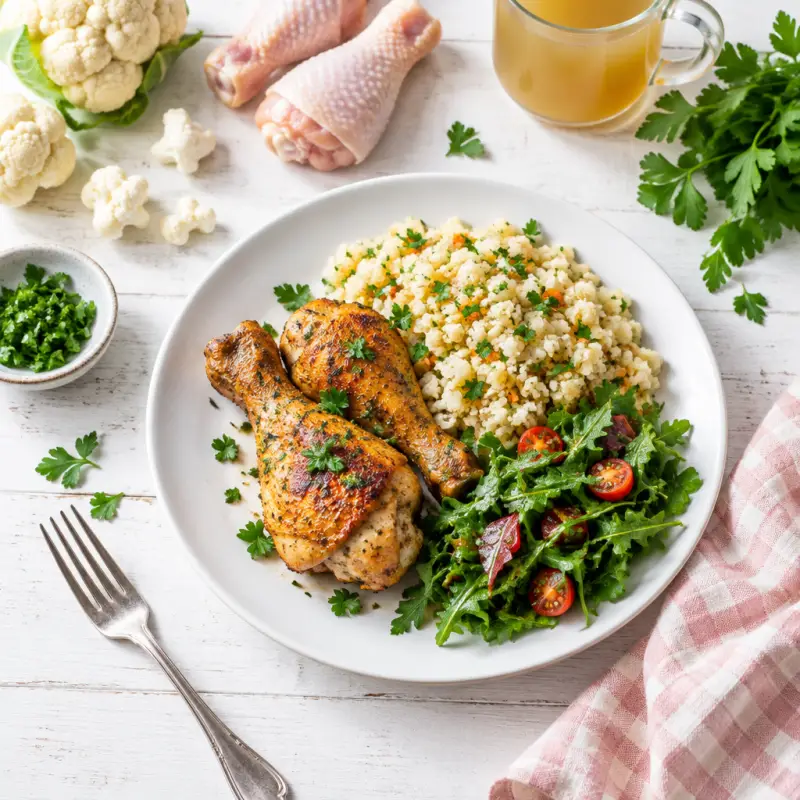 Crispy Chicken with Cauliflower Rice Pilaf and Fresh Greens, plated
