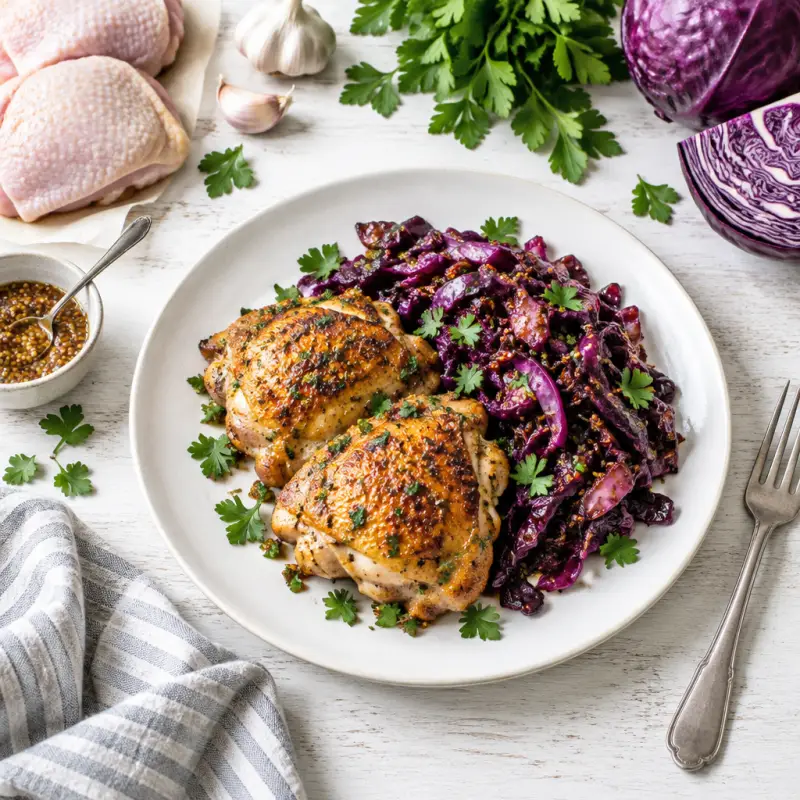 Crispy Chicken Thighs & Maple-Mustard Roast Red Cabbage with Parsley, plated