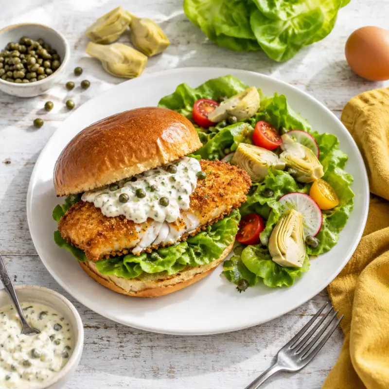 Crispy Fish Sandwich with Garlic-Tartar Sauce & Side Salad, plated