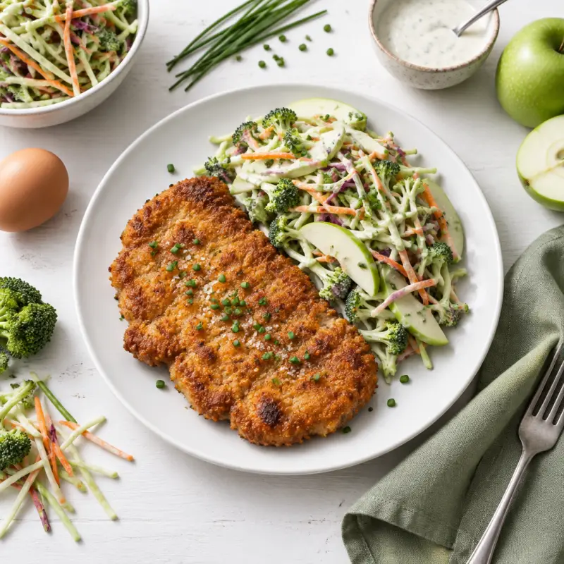 Crispy Pork Schnitzel with Ranch-Dressed Apple & Broccoli Slaw, plated