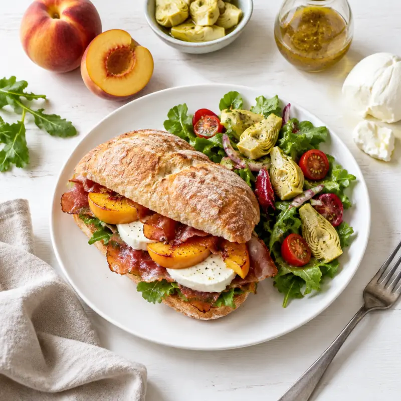 Crispy Prosciutto, Peach & Mozzarella Sandwich with Italian Salad, plated