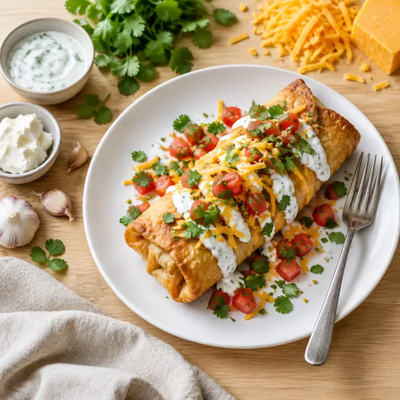 Crispy Shrimp Burrito (Chimichanga) with Tomatoes, Cilantro & Yogurt, plated
