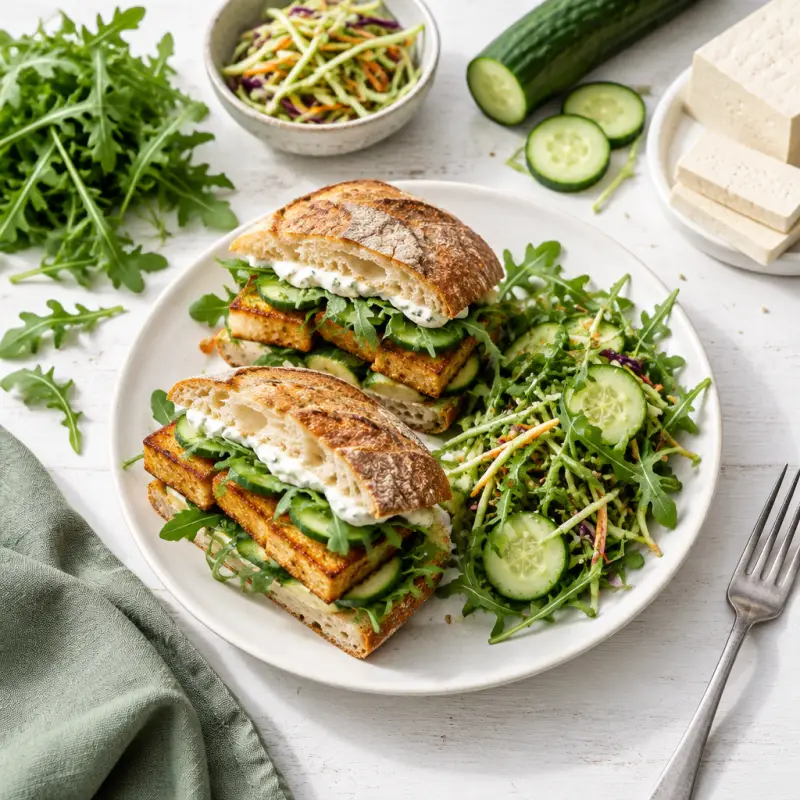 Crispy Tofu Sandwiches with Garlic Aioli & Arugula-Cucumber Salad, plated