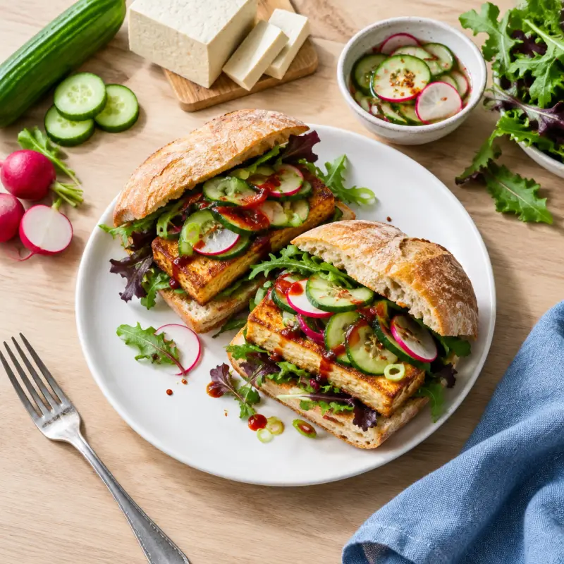 Crispy Tofu Sandwiches with Quick Pickles, Chili Sauce & Mixed Greens, plated