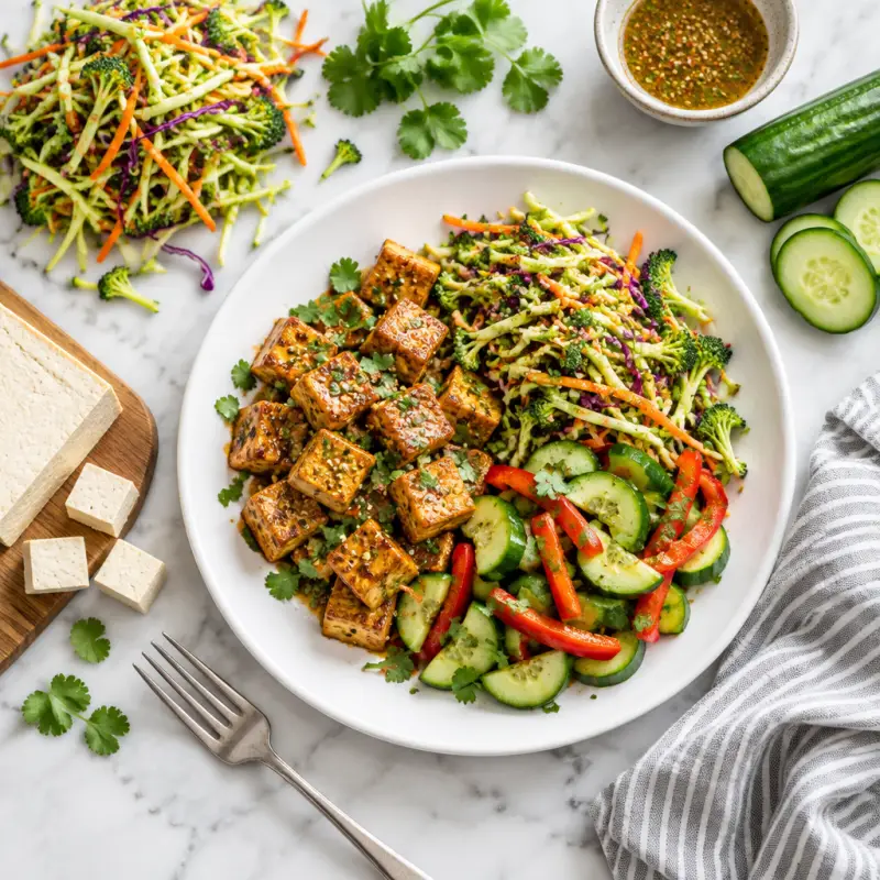 Crispy Tofu with Warm Broccoli Slaw, Cucumber & Bell Pepper Salad, plated