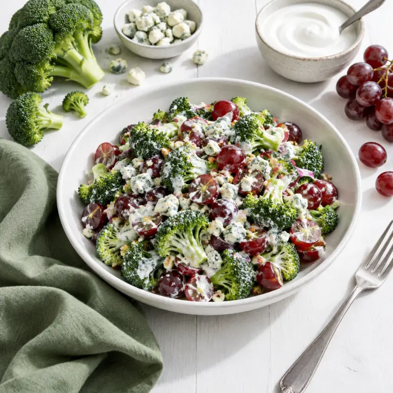 Crunchy Broccoli-Grape Salad with Blue Cheese & Creamy Yogurt Dressing, plated