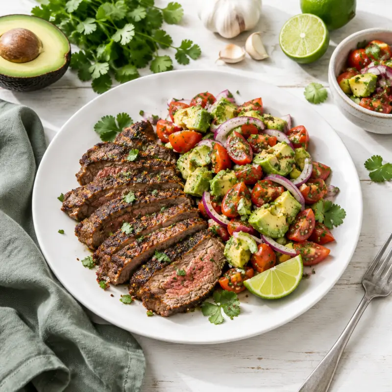 Cuban-Spiced Steak with Garlicky Avocado, Tomato & Onion Salad, plated