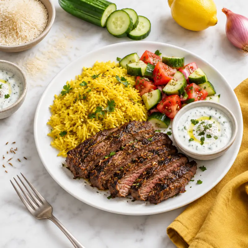 Cumin Steak with Yellow Rice, Tomato-Cucumber Salad & Garlic Sauce, plated