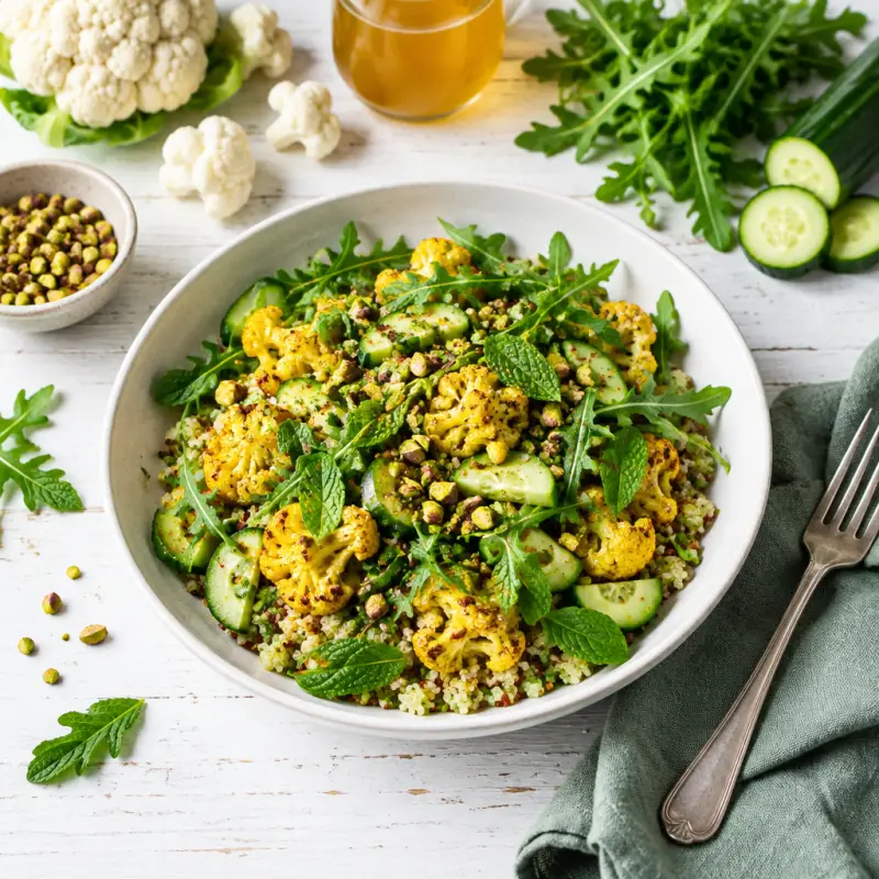 Curried Cauliflower Quinoa Bowl with Arugula, Pistachios & Mint, plated