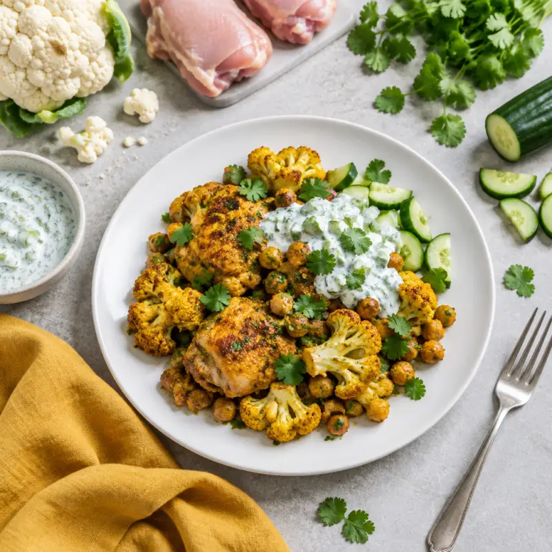 Curried Chicken, Chickpea & Cauliflower Bake with Cilantro Raita, plated