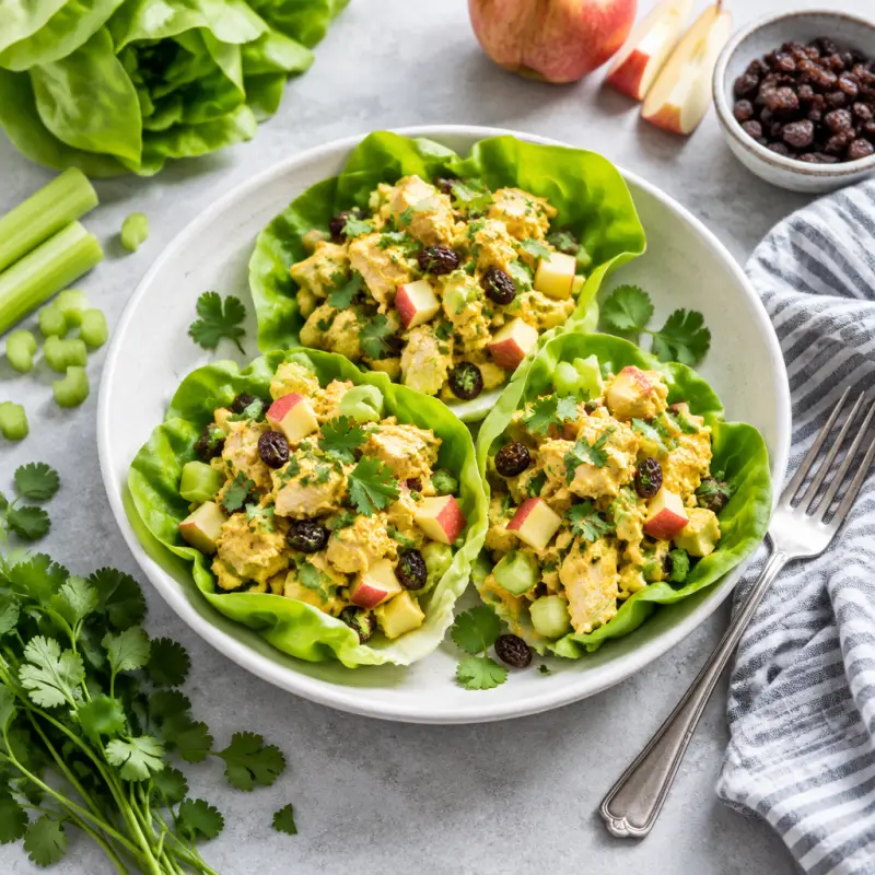 Curried Chicken Salad Lettuce Wraps with Apple, Raisins & Cilantro, plated