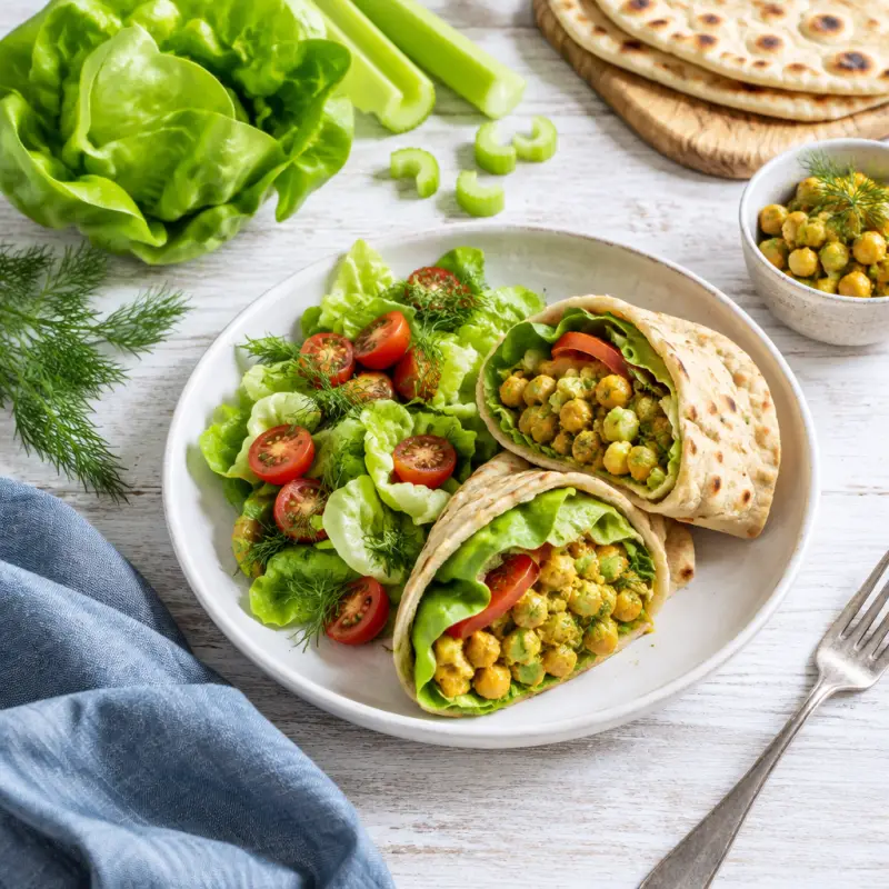 Curried Chickpea Salad Flatbread Wrap with Lettuce, Tomato & Dill, plated