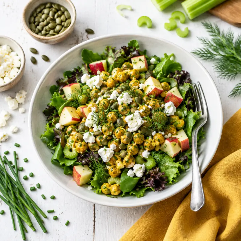 Curried Chickpea Salad with Mixed Greens, Apple, Pumpkin Seeds & Feta, plated