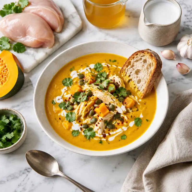 Curried Coconut Pumpkin Soup with Chicken & Crusty Bread, plated