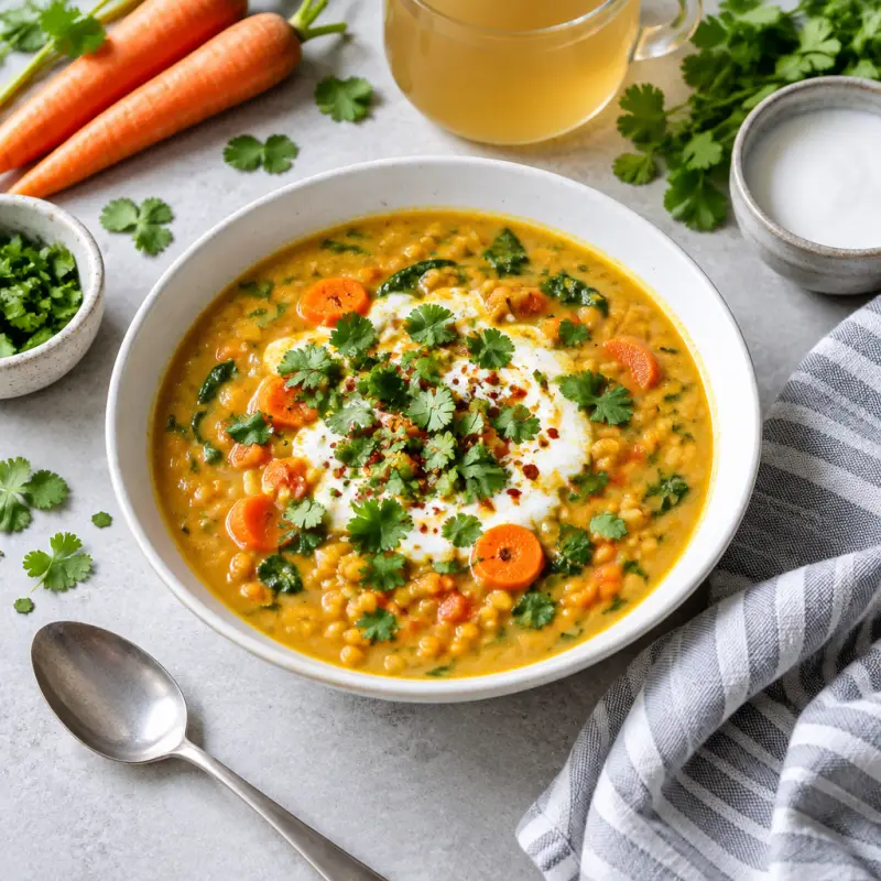 Curried Coconut-Red Lentil Soup with Veggies, Cilantro & Yogurt, plated