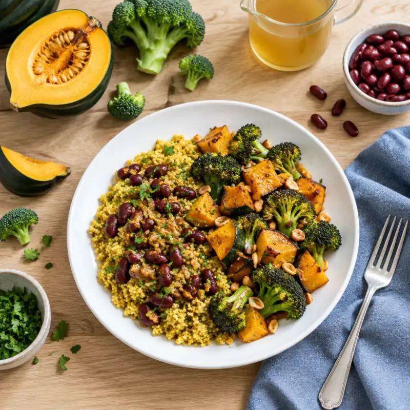 Curried Couscous, Kidney Bean & Maple Broccoli-Acorn Squash Bowl, plated