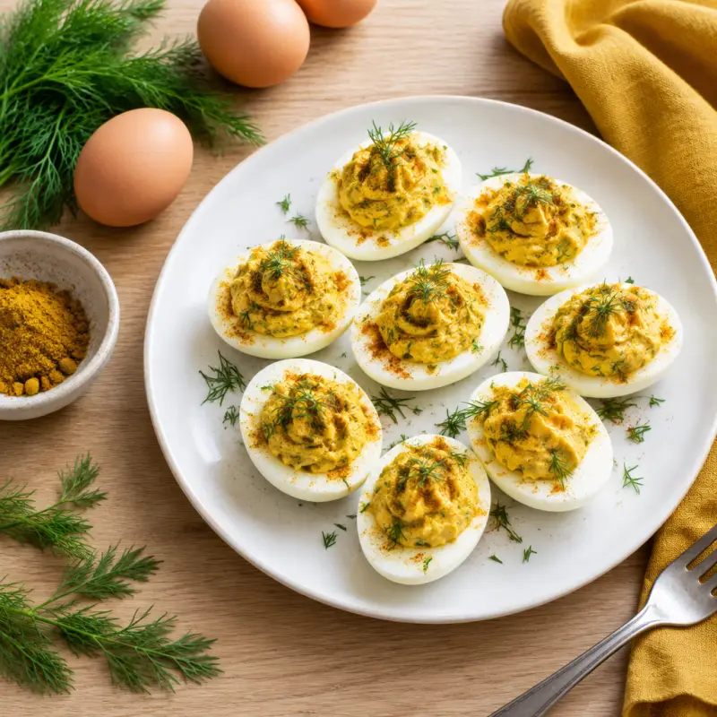 Curried Deviled Eggs with Fresh Dill, plated